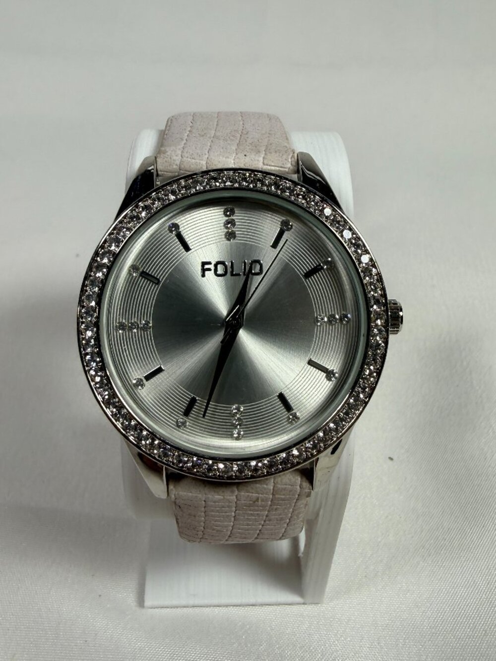 Folio FOL916 Women's Silver Tone Crystal Bezel Watch White Textured Band